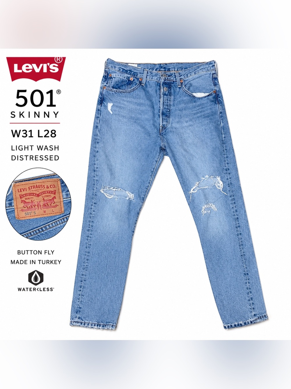 Levi’s 501 Skinny Distressed Light Wash Jeans Women’s W31 L28 Button Fly